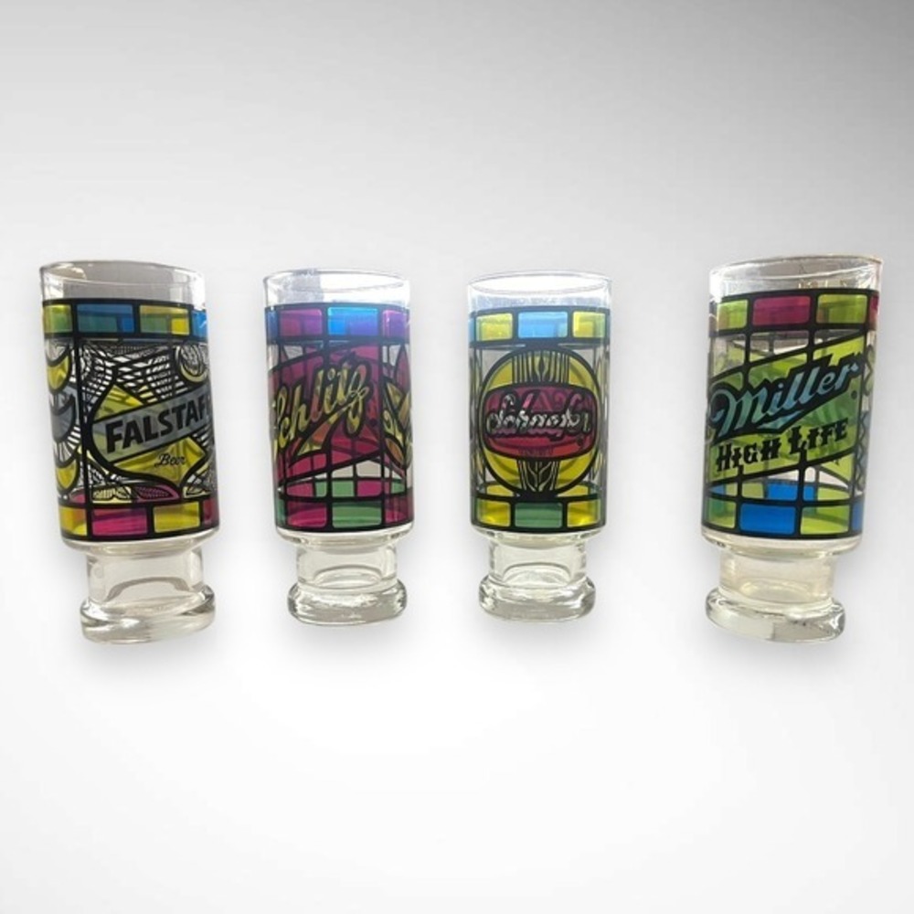 ANCHOR HOCKING Vintage 1970's  Set of 4 "Stained Glass" 16oz Beer Glasses | EUC